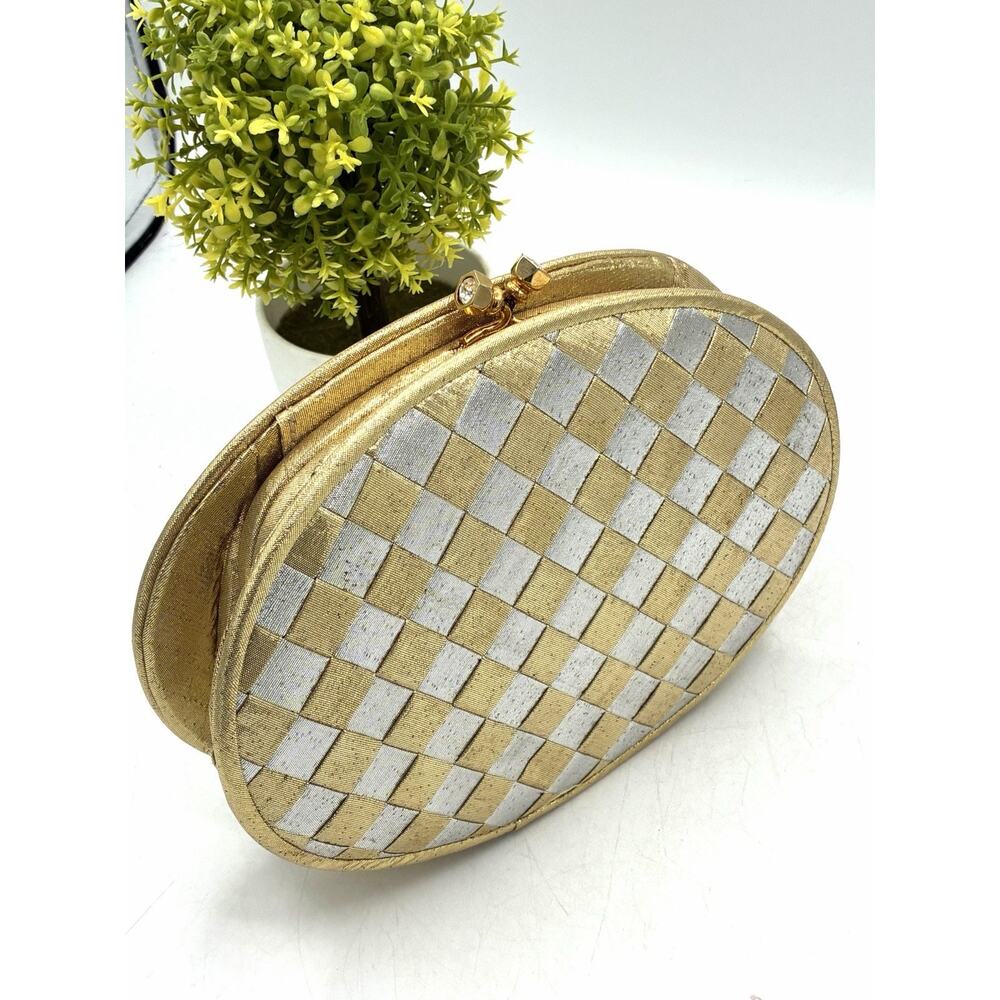 Vanessa Vintage Gold Silver Metallic Woven Oval Evening Clutch Crossbody Bag